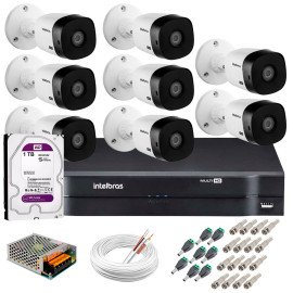 Kit 8 Cmeras Intelbras VHL 1220 B Full HD 1080 Lite + DVR Intelbras + Acessrios Completo - Cmeras com 20m Infravermelho de Viso Noturna