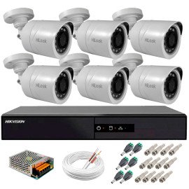 Kit 6 Cmeras + DVR Hikvision + Fonte, Cabos e Acessrios - Cmeras Hilook THC B120C-P Full HD 1080 Lite 20m Infra e Viso Noturna