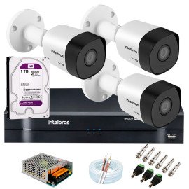 Kit 3 C�meras VHD 3120 B G6 + DVR Intelbras + HD 1TB para Armazenamento + App Gr�tis de Monitoramento, C�meras HD 720p 20m Infravermelho de Vis�o Noturna Intelbras + Fonte, Cabos e Acess�rios