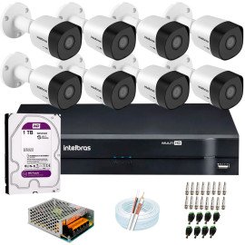 Kit 8 C�meras VHD 3120 B G6 + DVR Intelbras + HD 1TB para Armazenamento + App Gr�tis de Monitoramento, C�meras HD 720p 20m Infravermelho de Vis�o Noturna Intelbras + Fonte, Cabos e Acess�rios