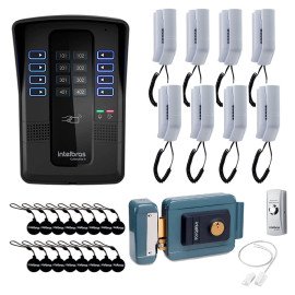 Kit Porteiro Eletrnico Coletivo de 8 Pontos - Central Collective 8 Intelbras + Interfone Interno 8 Unid + Carto de Proximidade 16 Unid + Fechadura Eltrica + Boto de Sada + Sensor de Porta XAS