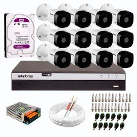 Kit 12 Cmeras de Segurana Full HD Intelbras VHD 1220 B G6 + DVR Intelbras 16 Canais Full HD MHDX 3116 + HD WD Purple 2TB + Acessrios