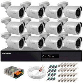Kit 12 Cmeras + DVR Hikvision + Fonte, Cabos e Acessrios - Cmeras Hilook THC B120C-P Full HD 1080 Lite 20m Infra e Viso Noturna