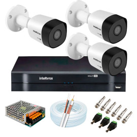 Kit 3 C�meras VHD 3120 B G6 + DVR Intelbras + App Gr�tis de Monitoramento, C�meras HD 720p 20m Infravermelho de Vis�o Noturna Intelbras + Fonte, Cabos e Acess�rios