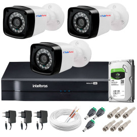 Kit 3 C�meras + DVR Intelbras + HD 1 TB + App de Monitoramento, C�meras HD 720p 20m Infravermelho de Vis�o Noturna + Fonte, Cabos e Acess�rios