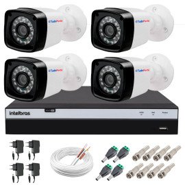 Kit 4 Cmeras + DVR Intelbras + App Grtis de Monitoramento, Cmeras Full HD 1080p 20m Infravermelho de Viso Noturna + Fonte, Cabos e Acessrios   10724