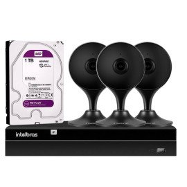   Kit 3 Cmeras de Segurana Wifi Intelbras IA Full HD Mibo iM3 Preta + NVR 1304 Stand Alone 04 Canais 6MP Intelbras + 1 HD WD Purple 1TB