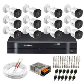 Kit 12 Cmeras VHD 3130 B G6 + DVR Intelbras + App Grtis de Monitoramento, Cmeras HD 720p 30m Infravermelho de Viso Noturna Intelbras + Fonte, Cabos e Acessrios