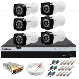 Kit 6 Cmeras + DVR Intelbras + App Grtis de Monitoramento, Cmeras Full HD 1080p 20m Infravermelho de Viso Noturna + Fonte, Cabos e Acessrios   10726