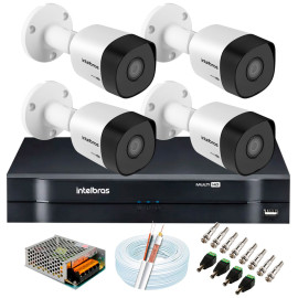 Kit 4 C�meras VHD 3120 B G6 + DVR Intelbras + App Gr�tis de Monitoramento, C�meras HD 720p 20m Infravermelho de Vis�o Noturna Intelbras + Fonte, Cabos e Acess�rios
