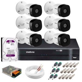 Kit 6 Cmeras Intelbras VHL 1220 B Full HD 1080 Lite + DVR Intelbras + Acessrios Completo - Cmeras com 20m Infravermelho de Viso Noturna