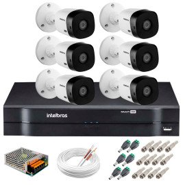 Kit 6 Cmeras Intelbras VHL 1220 B Full HD 1080 Lite + DVR Intelbras - Cmeras com 20m Infravermelho de Viso Noturna + Fonte, Cabos e Acessrios