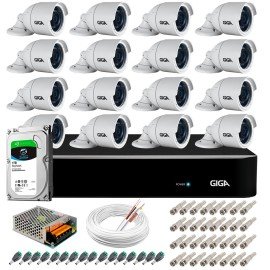 Kit 16 Cmeras 5MP + DVR Giga + HD 1TB + App de Monitoramento, Cmeras 30m Infravermelho de Viso Noturna Giga Security GS0047 Completo com Acessrios
