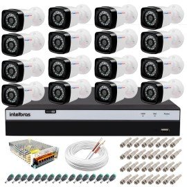 Kit 16 Cmeras + DVR Intelbras + App Grtis de Monitoramento, Cmeras Full HD 1080p 20m Infravermelho de Viso Noturna + Fonte, Cabos e Acessrios   10734