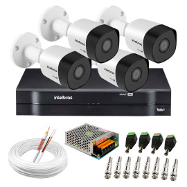 Kit 4 C�meras VHD 3130 B G6 + DVR Intelbras + App Gr�tis de Monitoramento, C�meras HD 720p 30m Infravermelho de Vis�o Noturna Intelbras + Fonte, Cabos e Acess�rios