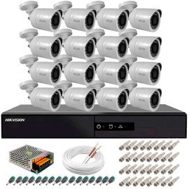 Kit 16 Cmeras + DVR Hikvision + Fonte, Cabos e Acessrios - Cmeras Hilook THC B120C-P Full HD 1080 Lite 20m Infra e Viso Noturna