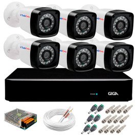 Kit 06 Cmeras Full HD 1080p + DVR Giga Security + App Grtis de Monitoramento, Cmeras 20m Infravermelho de Viso Noturna + Fonte, Cabos e Acessrios
