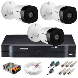 Kit 3 Cmeras Intelbras VHL 1220 B Full HD 1080 Lite + DVR Intelbras - Cmeras com 20m Infravermelho de Viso Noturna + Fonte, Cabos e Acessrios