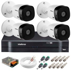 Kit 4 Cmeras Intelbras VHL 1220 B Full HD 1080 Lite + DVR Intelbras - Cmeras com 20m Infravermelho de Viso Noturna + Fonte, Cabos e Acessrios