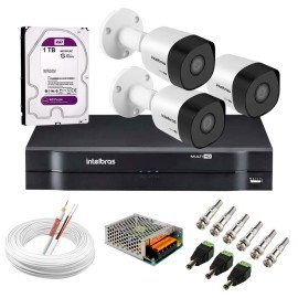 Kit 3 Cmeras VHD 3130 B G6 + DVR Intelbras + HD 1TB para Armazenamento + App Grtis de Monitoramento, Cmeras HD 720p 30m Infravermelho de Viso Noturna Intelbras + Fonte, Cabos e Acessrios