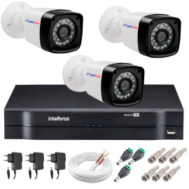 Kit 3 C�meras + DVR Intelbras + App Gr�tis de Monitoramento, C�meras HD 720p 20m Infravermelho de Vis�o Noturna + Fonte, Cabos e Acess�rios