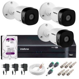 Kit 3 Cmeras VHD 1120 B G5 + DVR Intelbras + HD 1TB para Armazenamento + App Grtis de Monitoramento, Cmeras HD 720p 20m Infravermelho de Viso Noturna Intelbras + Fonte, Cabos e Acessrios
