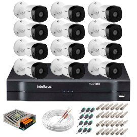 Kit 12 Cmeras Intelbras VHL 1220 B Full HD 1080 Lite + DVR Intelbras - Cmeras com 20m Infravermelho de Viso Noturna + Fonte, Cabos e Acessrios