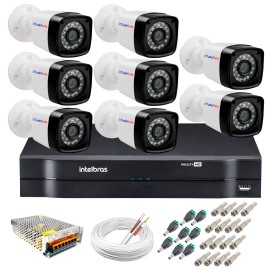 Kit 8 C�meras + DVR Intelbras + App Gr�tis de Monitoramento, C�meras HD 720p 20m Infravermelho de Vis�o Noturna + Fonte, Cabos e Acess�rios