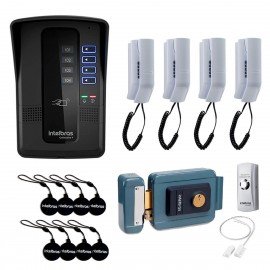 Kit Porteiro Eletrnico Coletivo de 4 Pontos - Central Collective 4 Intelbras + Interfone Interno 4 Unid + Carto de Proximidade 8 Unid + Fechadura Eltrica + Boto de Sada + Sensor de Porta XAS