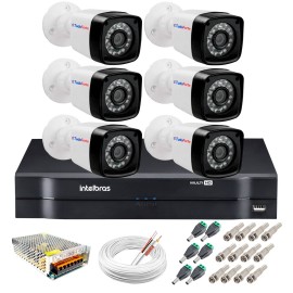 Kit 6 C�meras + DVR Intelbras + App Gr�tis de Monitoramento, C�meras HD 720p 20m Infravermelho de Vis�o Noturna + Fonte, Cabos e Acess�rios