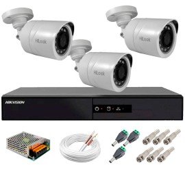 Kit 3 Cmeras + DVR Hikvision + Fonte, Cabos e Acessrios - Cmeras Hilook THC B120C-P Full HD 1080 Lite 20m Infra e Viso Noturna