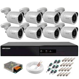 Kit 8 Cmeras + DVR Hikvision + Fonte, Cabos e Acessrios - Cmeras Hilook THC B120C-P Full HD 1080 Lite 20m Infra e Viso Noturna