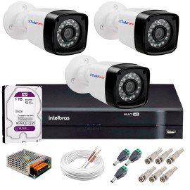 Kit 3 Cmeras Tudo Forte Full HD 1080 Lite + DVR Intelbras + Acessrios Completo - Cmeras com 25m Infravermelho de Viso Noturna