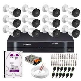 Kit 12 Cmeras VHD 3130 B G6 + DVR Intelbras + HD 1TB para Armazenamento + App Grtis de Monitoramento, Cmeras HD 720p 30m Infravermelho de Viso Noturna Intelbras + Fonte, Cabos e Acessrios