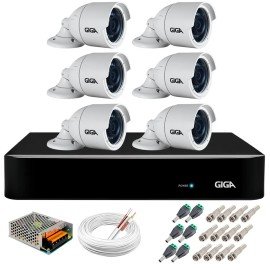 Kit 6 Cmeras 5MP + DVR Giga + App de Monitoramento, Cmeras 30m Infravermelho de Viso Noturna Giga Security GS0047 Completo com Acessrios