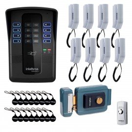 Kit Porteiro Eletrnico Coletivo de 8 Pontos - Central Collective 8 Intelbras + Interfone Interno 8 Unidades + Carto de Proximidade 16 Unidades + Fechadura Eltrica + Boto de Sada