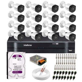 Kit 16 Cmeras VHD 3130 B G6 + DVR Intelbras + HD 1TB para Armazenamento + App Grtis de Monitoramento, Cmeras HD 720p 30m Infravermelho de Viso Noturna Intelbras + Fonte, Cabos e Acessrios